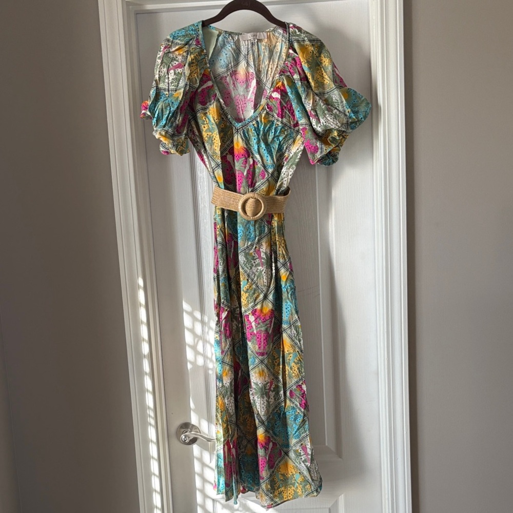 Loft Midi Dress with Puff Sleeves and Raffia Belt